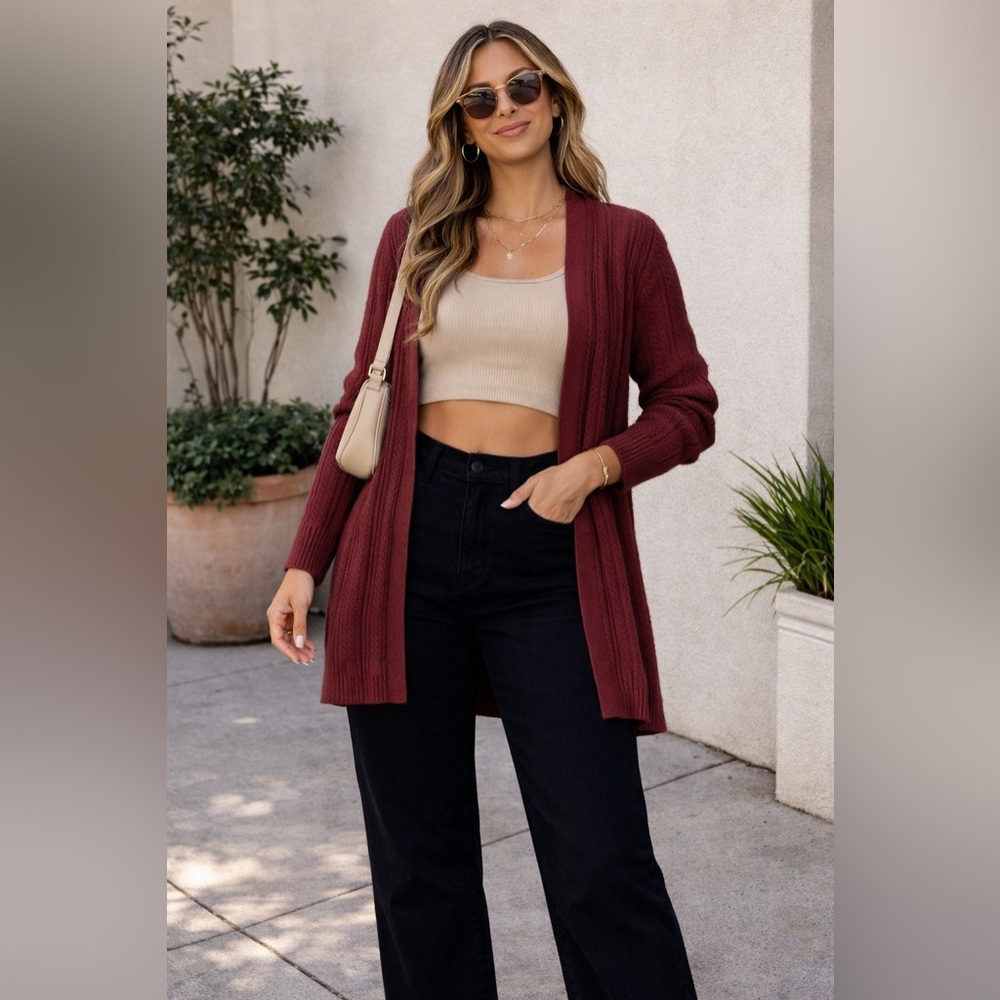 Open-Front Ribbed Cardigan in Burgundy